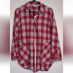 Joan Rivers red white black plaid SX long sleeve button-up 100% cotton shirt